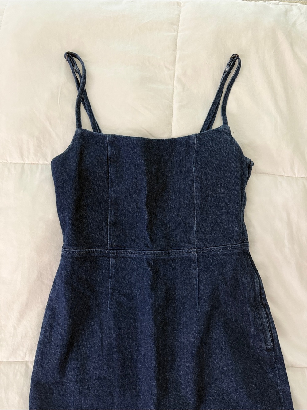 Reformation Dark Blue Denim Midi Dress with Spaghetti Straps